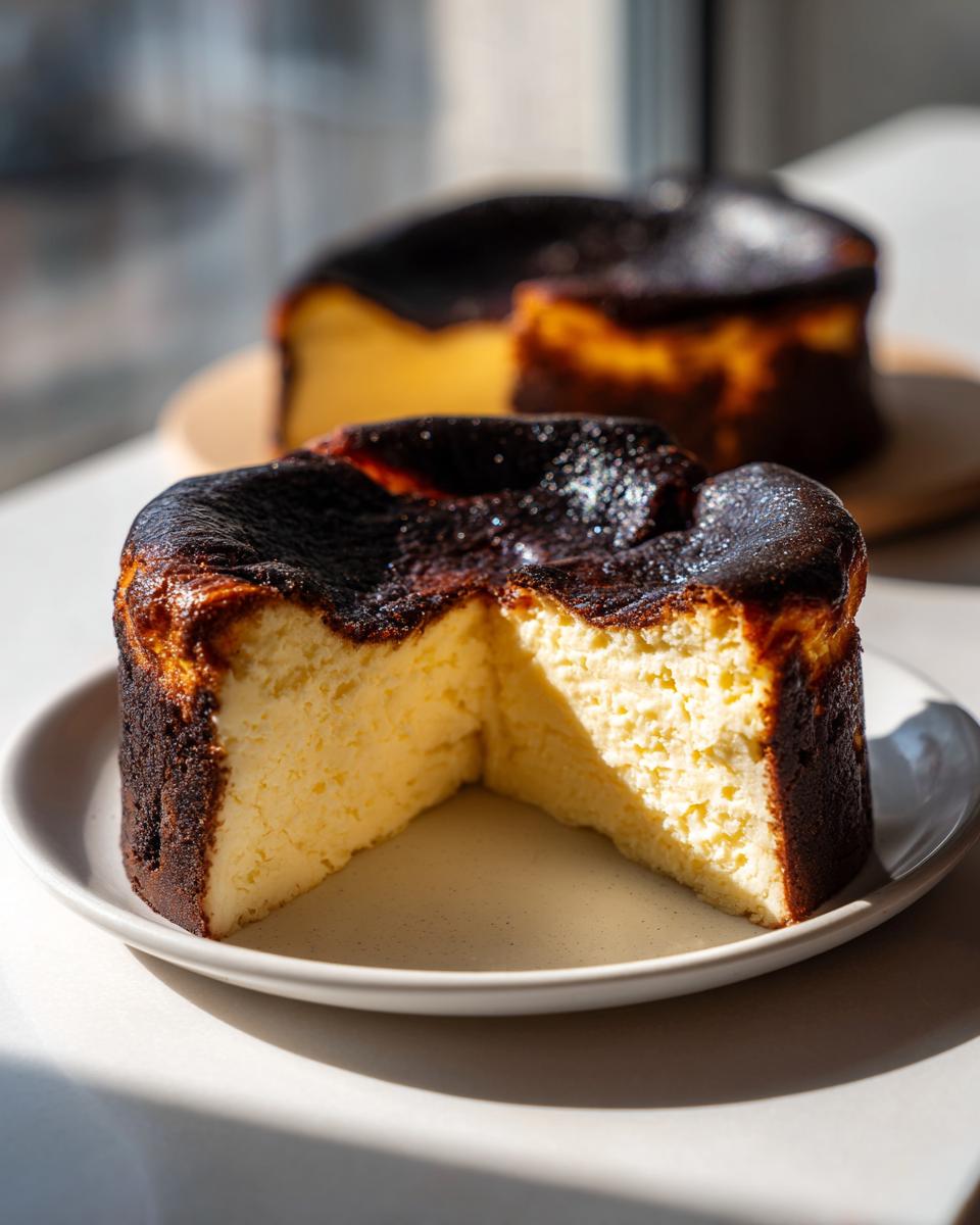 A slice of creamy Basque burnt cheesecake with a dark, caramelized top, sitting on a plate.