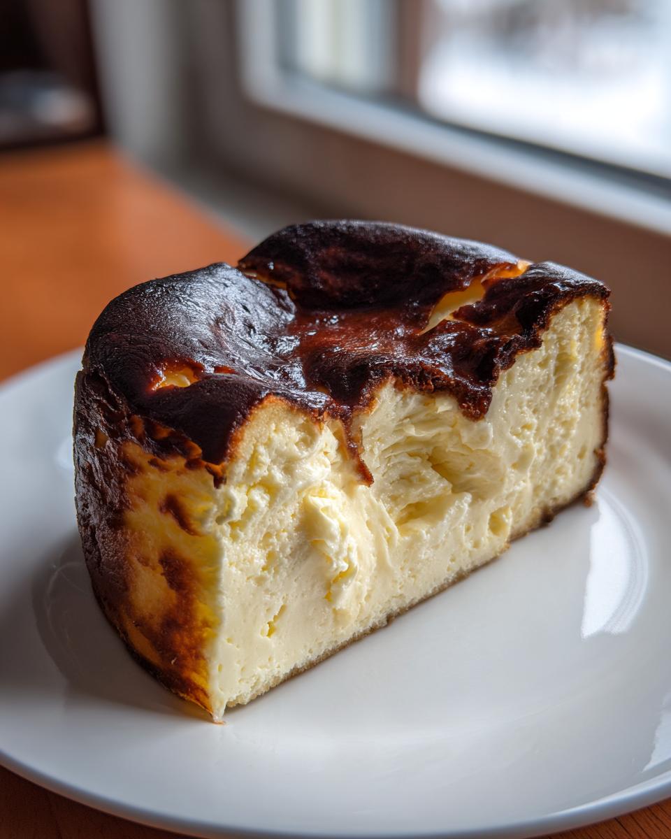 A close-up of a slice of Basque burnt cheesecake showing its creamy interior and dark caramelized top.