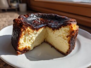 A slice of Basque burnt cheesecake showing its deeply caramelized top and creamy, pale yellow interior, resting on a white plate.