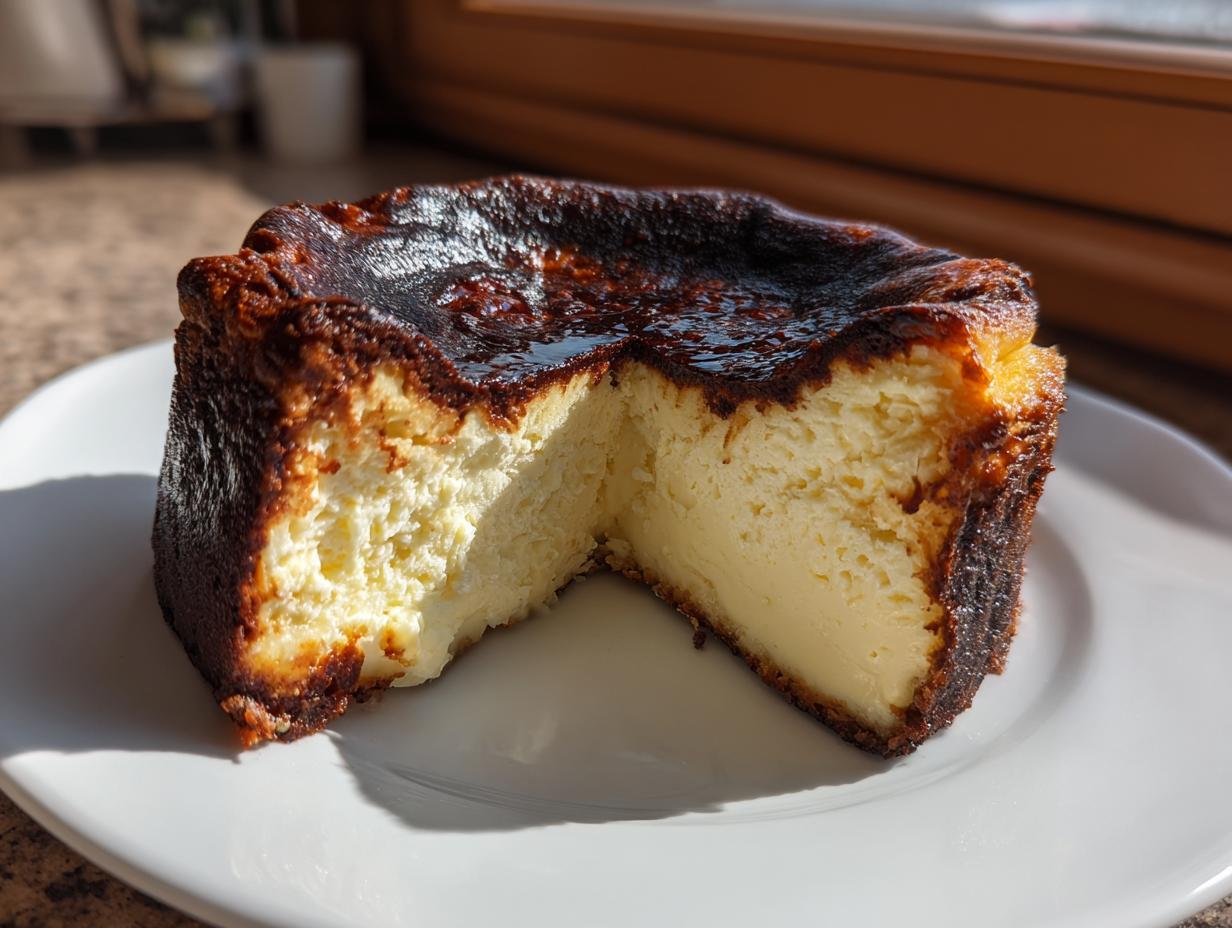 A slice of Basque burnt cheesecake showing its deeply caramelized top and creamy, pale yellow interior, resting on a white plate.