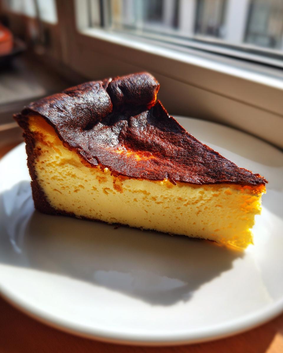 A creamy slice of Basque burnt cheesecake with a dark, caramelized top, sitting on a white plate.