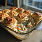 A glass baking dish filled with creamy chicken pot filling topped with golden, flaky biscuits.
