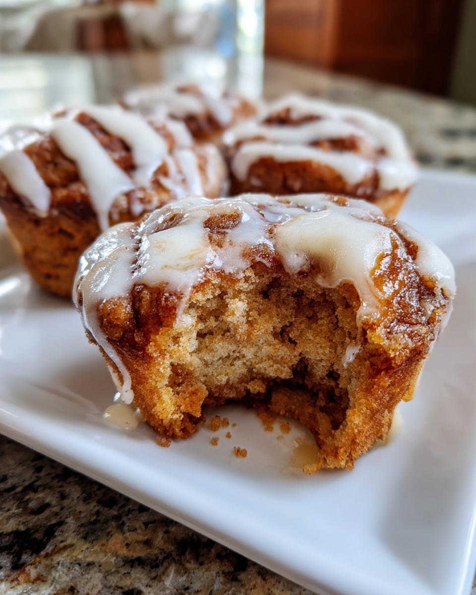 Close-up of a bitten cinnamon roll muffin topped with thick white glaze, showing the soft interior texture.