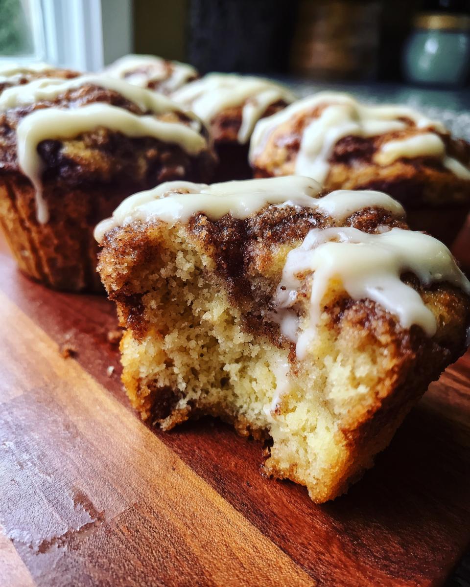 Close-up of a cinnamon roll muffin with a bite taken out, showing the soft interior and drizzled with white icing.