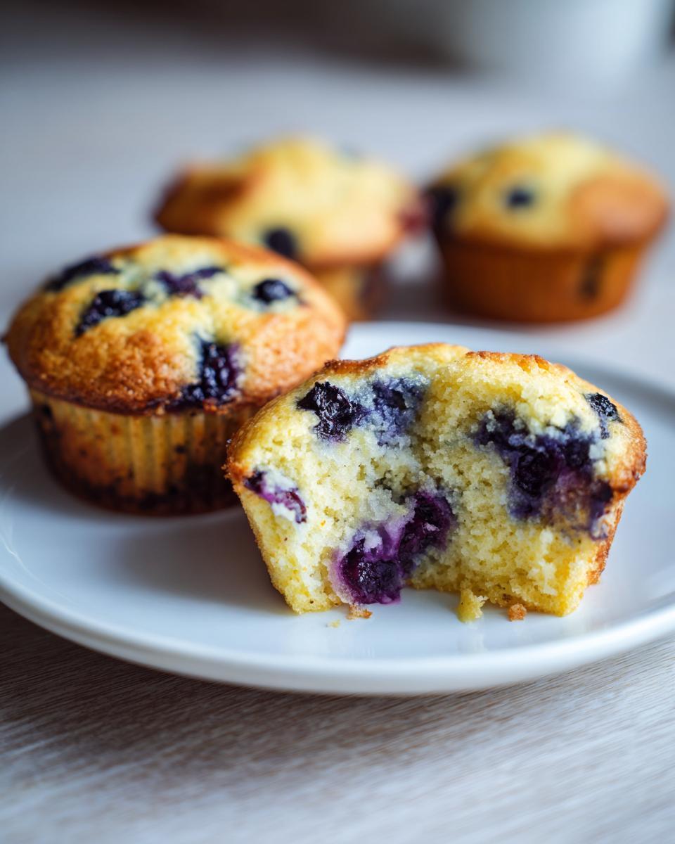 Close-up of a blueberry protein muffin cut in half showing the moist interior and blueberries, with more muffins in the background.