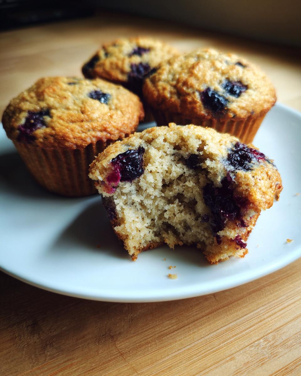 Four blueberry protein muffins on a white plate, one with a bite taken out showing the moist interior.
