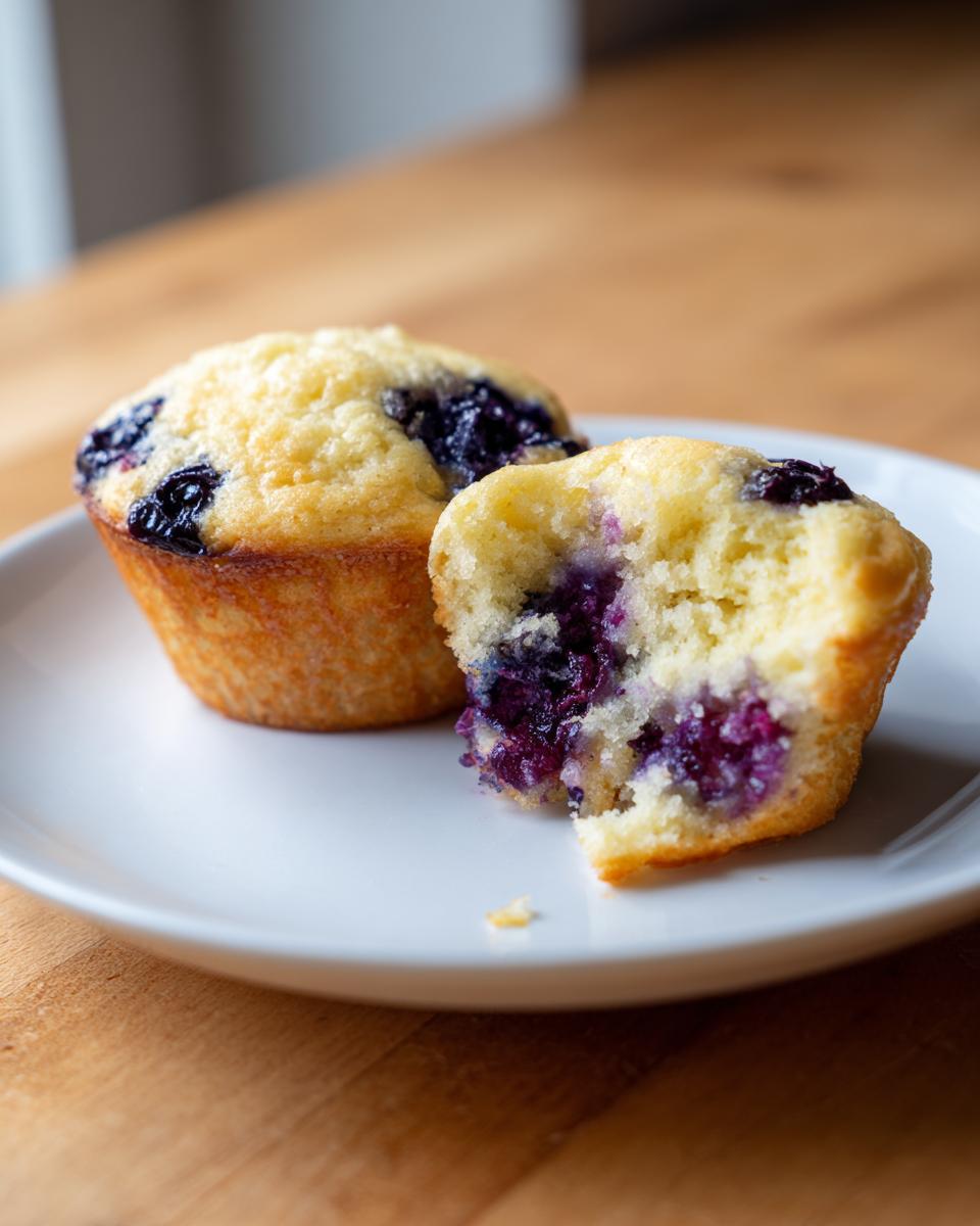 Two blueberry protein muffins on a white plate, one broken open to show the moist, purple interior.