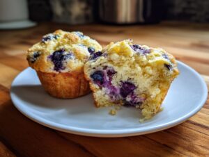 Two delicious blueberry protein muffins, one cut in half showing the moist crumb and fruit.