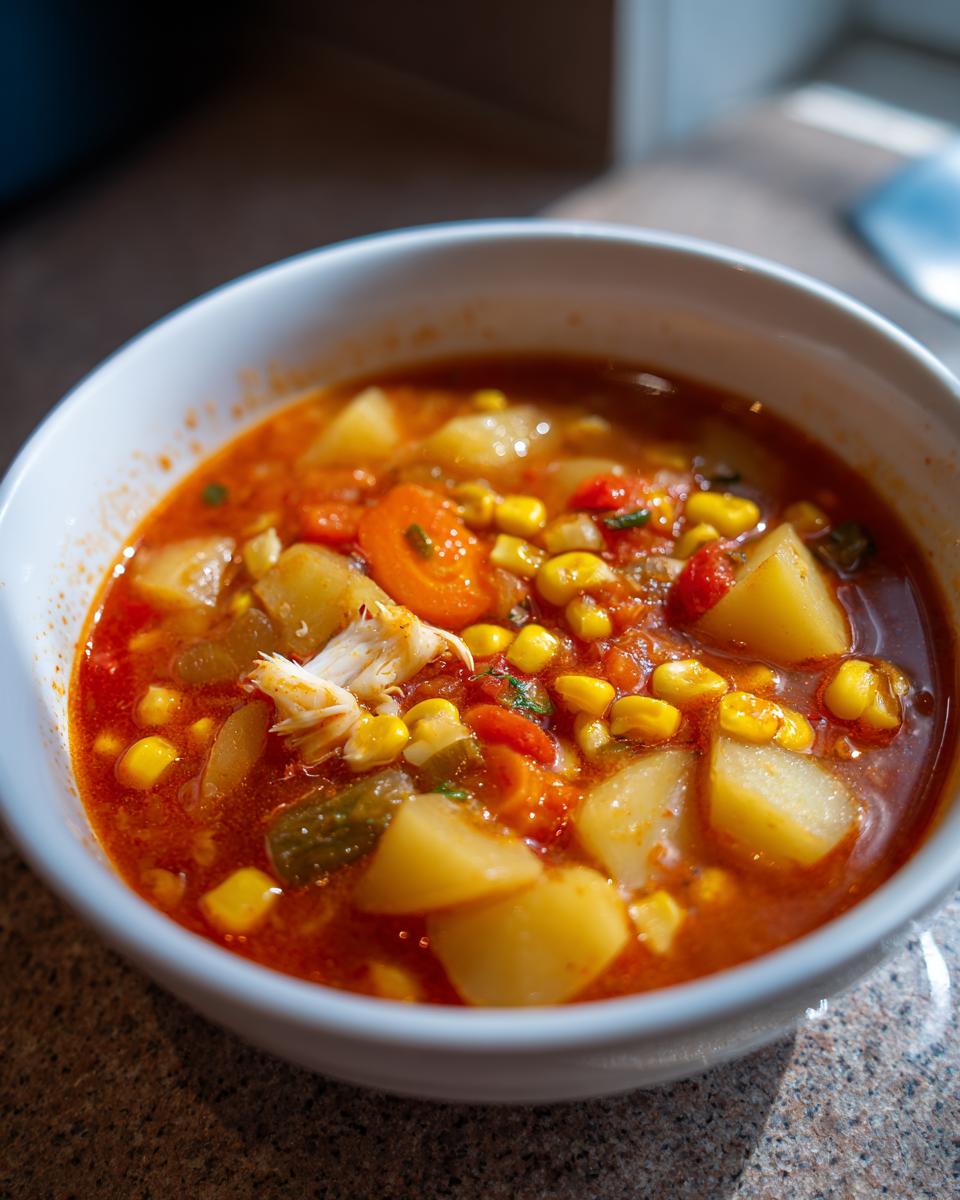 Close-up of a white bowl filled with rich, red maryland crab soup containing chunks of potato, corn, carrots, and visible crab meat.
