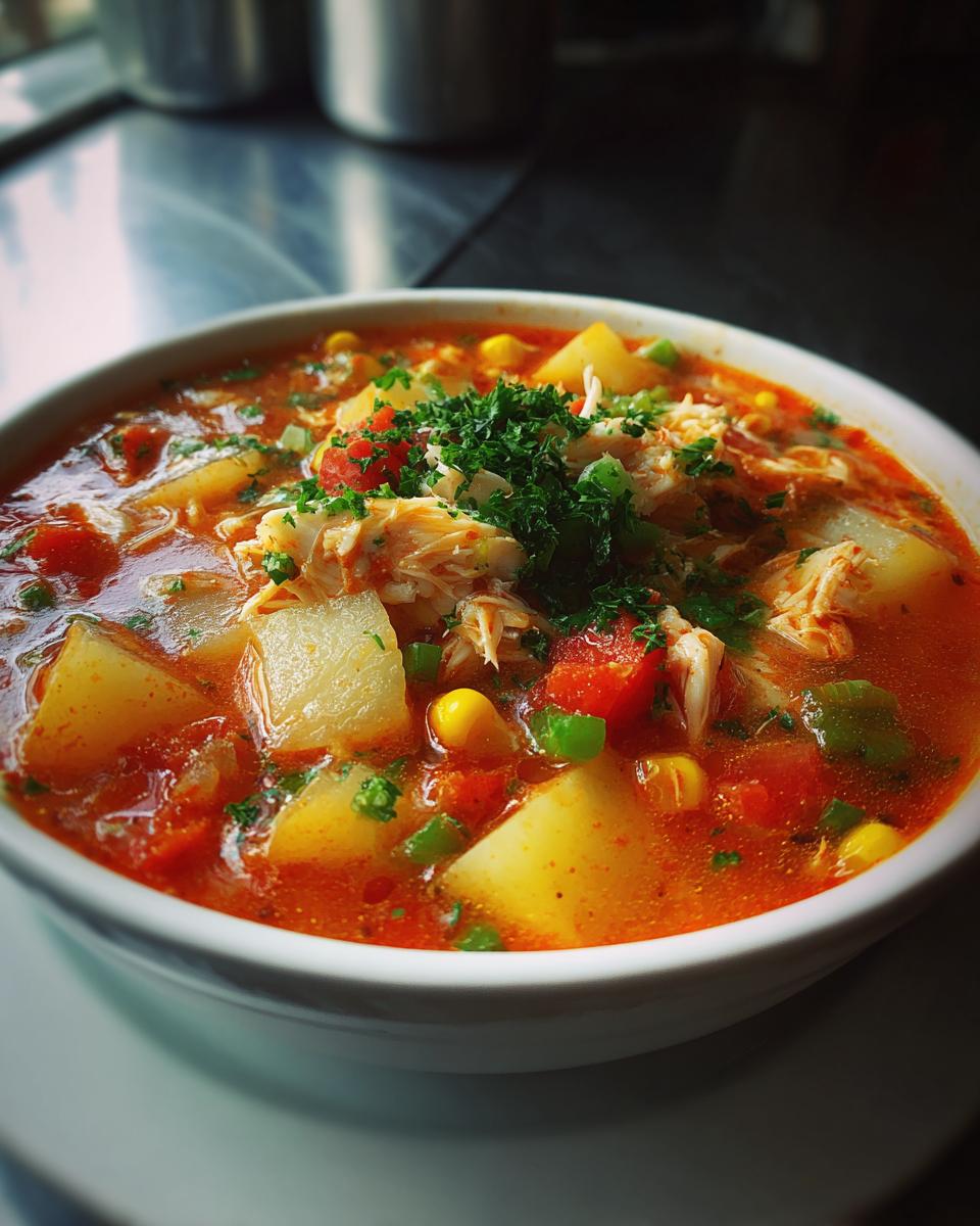 Close-up of a rich, red maryland crab soup filled with chunks of potato, corn, tomatoes, and topped with crab meat and parsley.