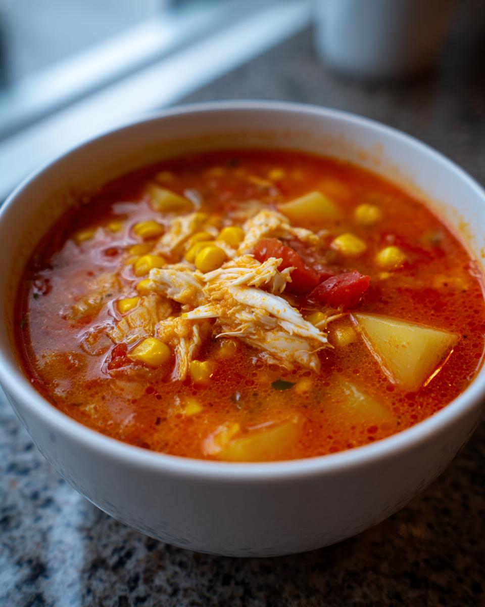 Close-up of a bowl containing rich, red maryland crab soup with chunks of potato, corn, and shredded white meat.