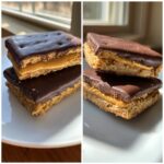 Two stacked homemade buckeye graham crackers showing a thick peanut butter filling between graham layers topped with chocolate.