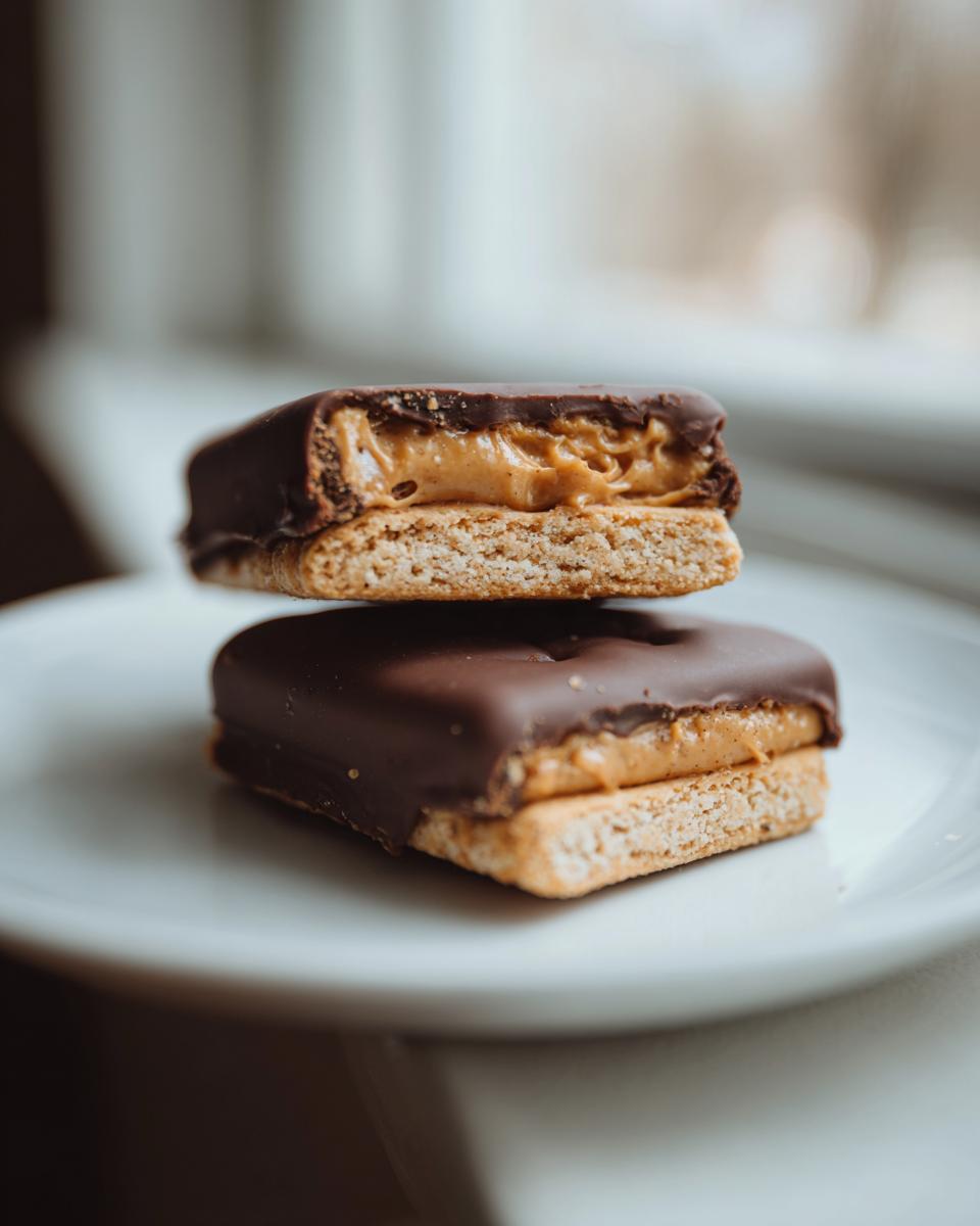 Two stacked buckeye graham crackers, showing the thick peanut butter filling and chocolate coating.