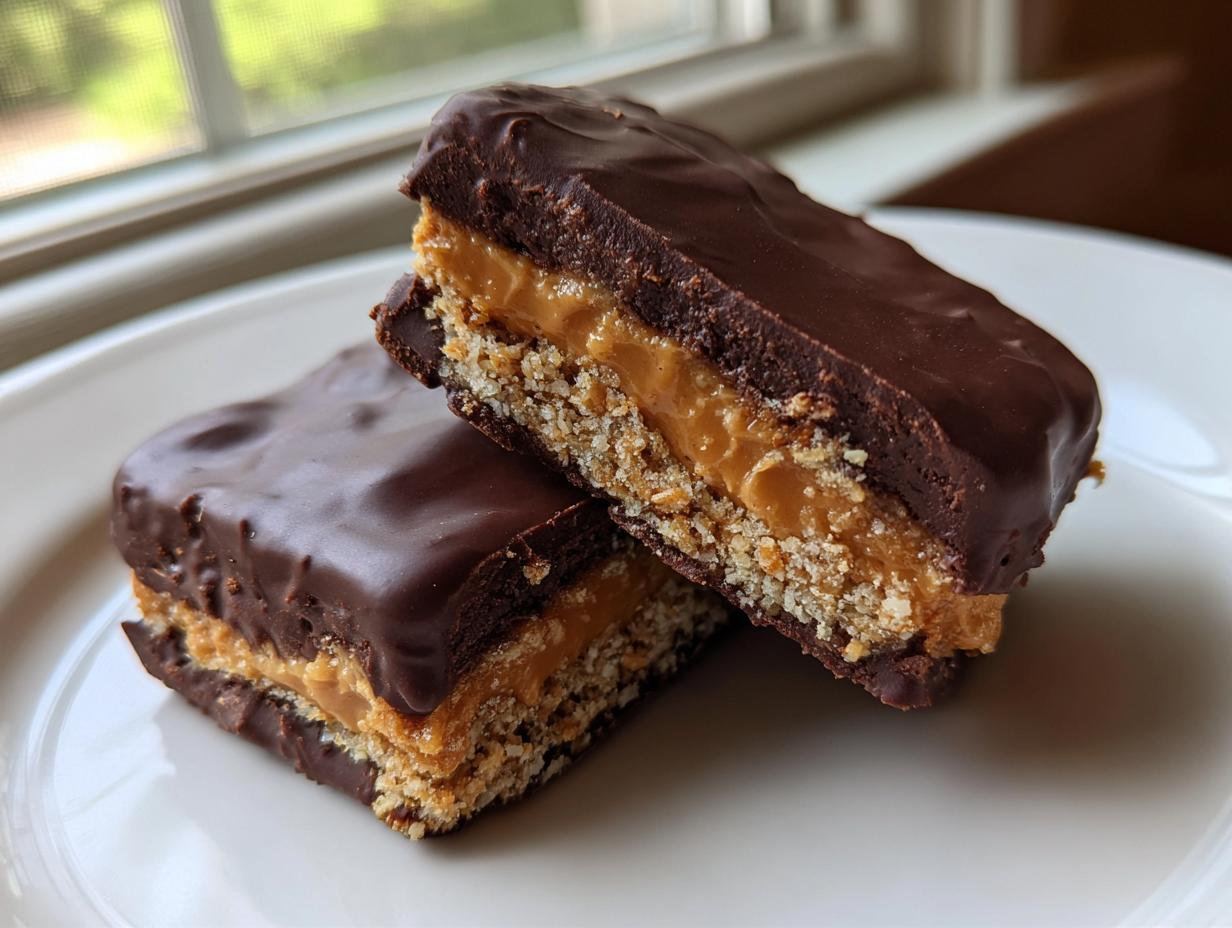 Two halves of a chocolate-covered bar showing layers of peanut butter filling and graham cracker crust, representing buckeye graham crackers.