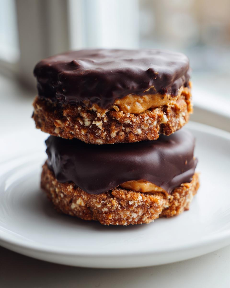 Two stacked homemade buckeye graham crackers featuring a peanut butter filling and a thick dark chocolate coating.