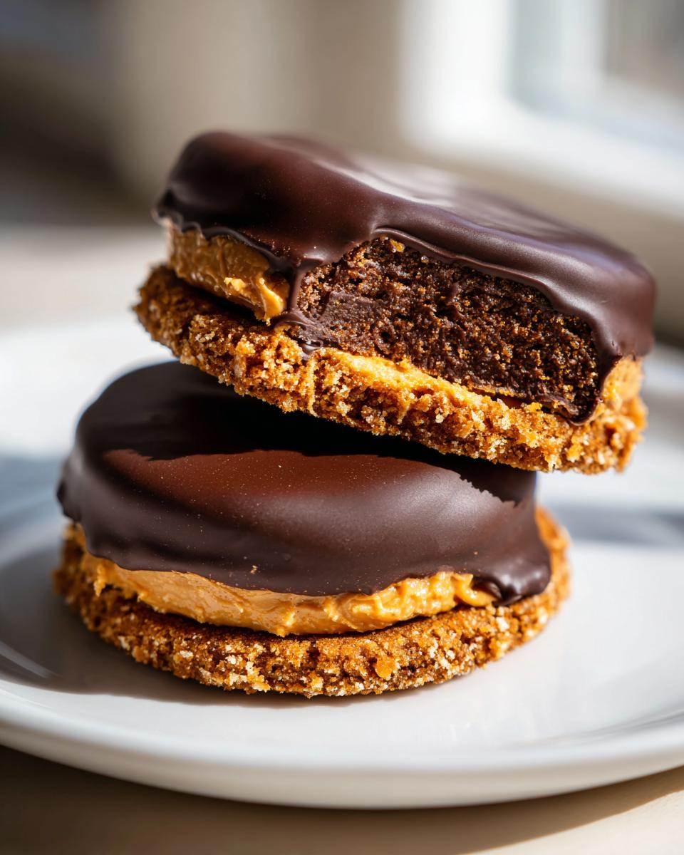Two stacked Buckeye Graham Crackers featuring a peanut butter filling and a thick chocolate coating.