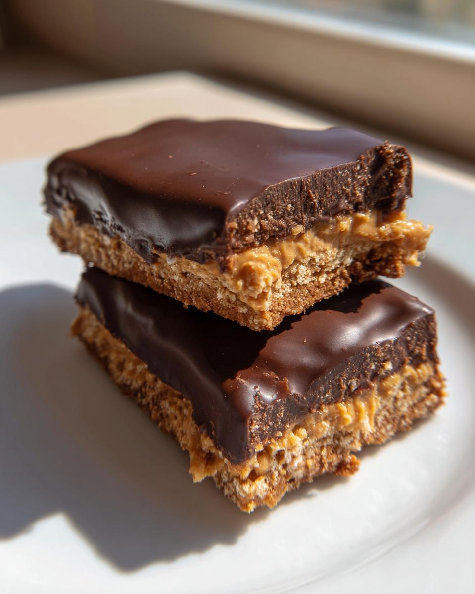 Two stacked bars of buckeye graham crackers showing a peanut butter filling and a thick chocolate coating.