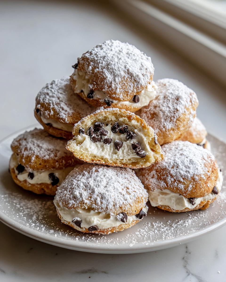 A stack of delicious cannoli cookies filled with cream and mini chocolate chips, dusted heavily with powdered sugar.