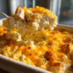 A spoonful of cheesy chicken cauliflower rice casserole being lifted from the baking dish, showing melted cheese.