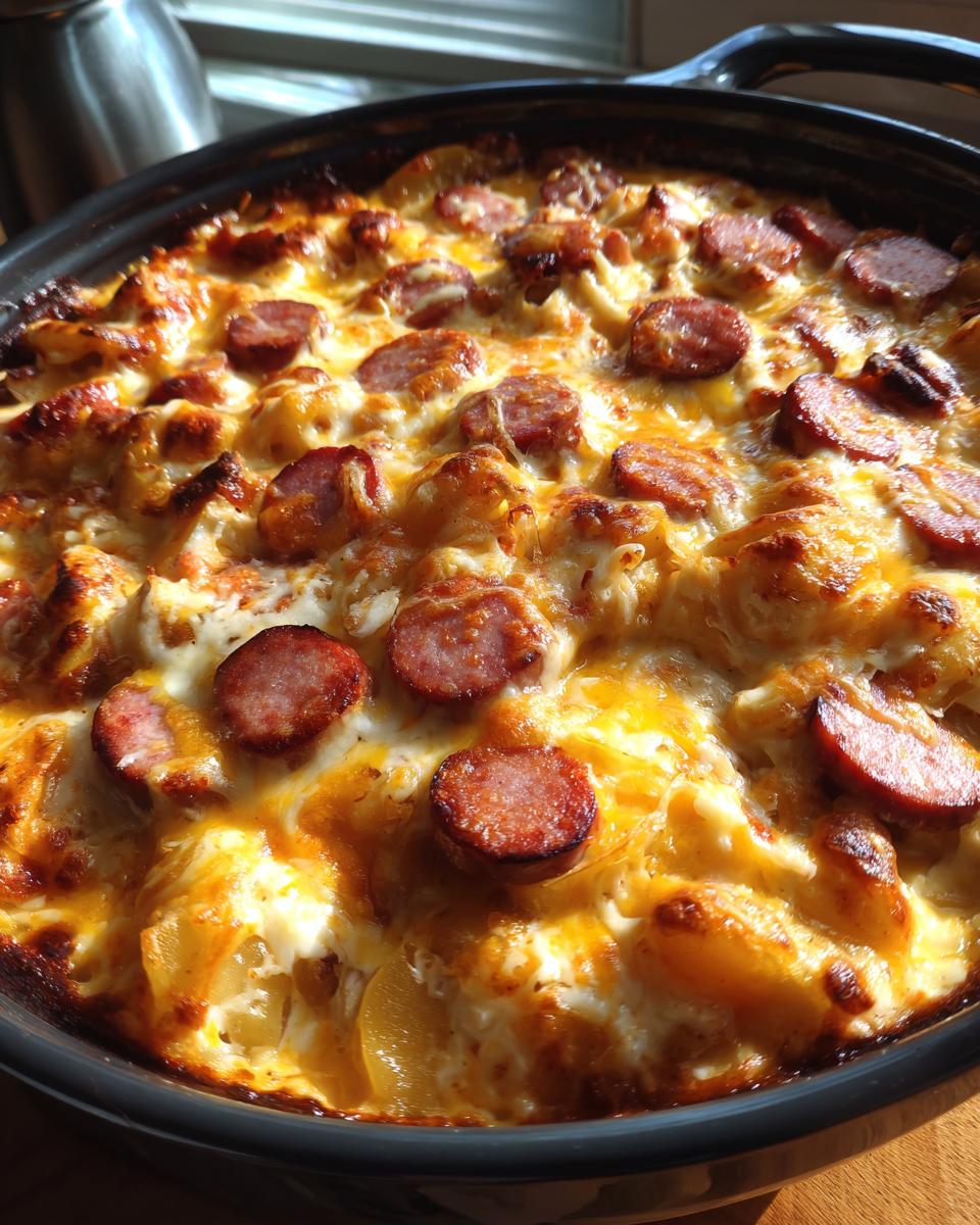Close-up of a baked pierogi casserole topped with melted cheese and slices of smoked sausage.