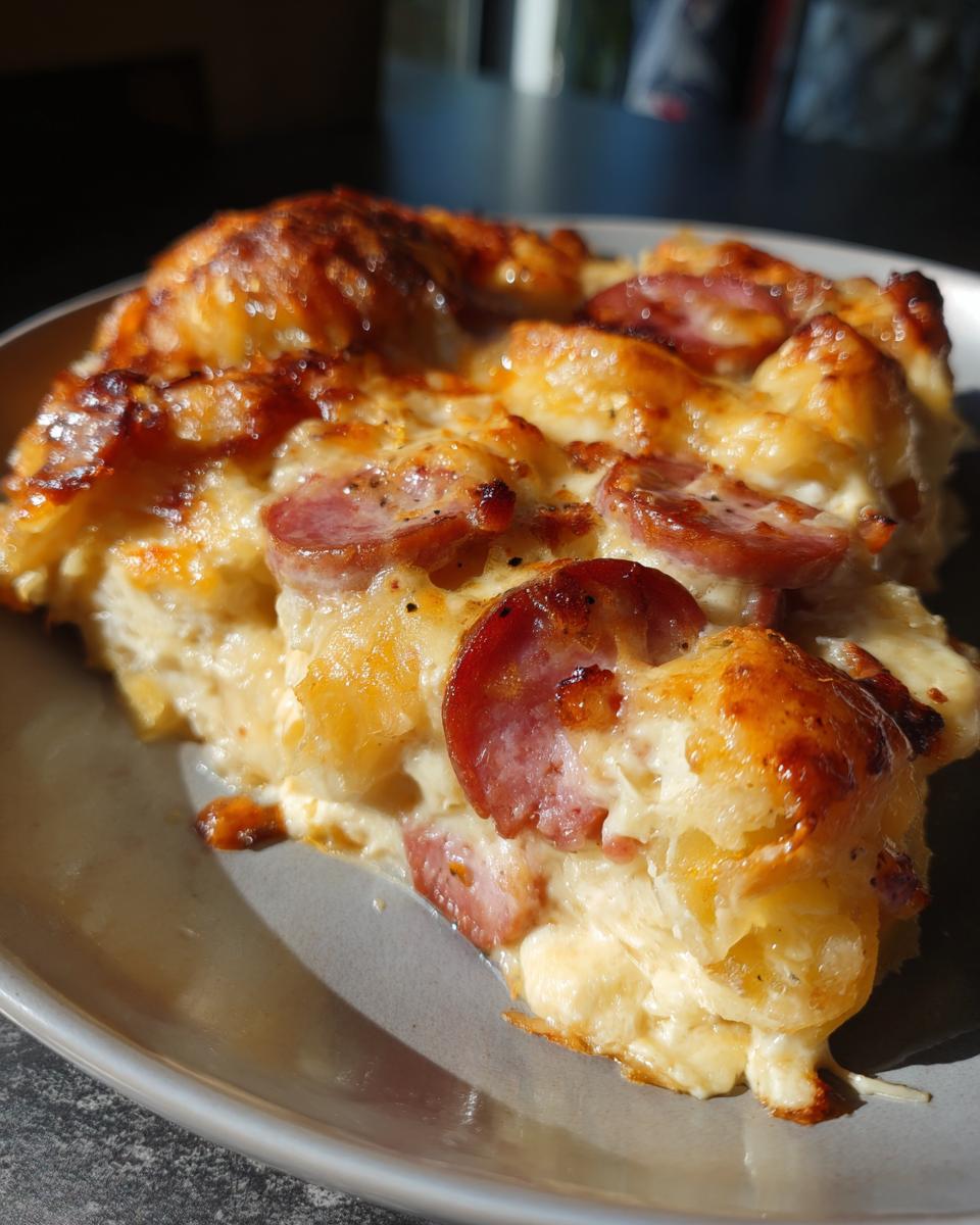 Close-up of a cheesy, baked slice of pierogi casserole topped with slices of browned sausage.