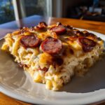 A delicious slice of pierogi casserole topped with melted, browned cheese and slices of smoked sausage.