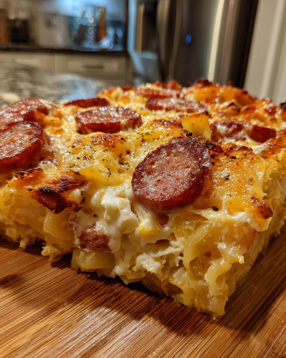 Close-up of a hearty slice of pierogi casserole topped with melted cheese and browned sausage slices.