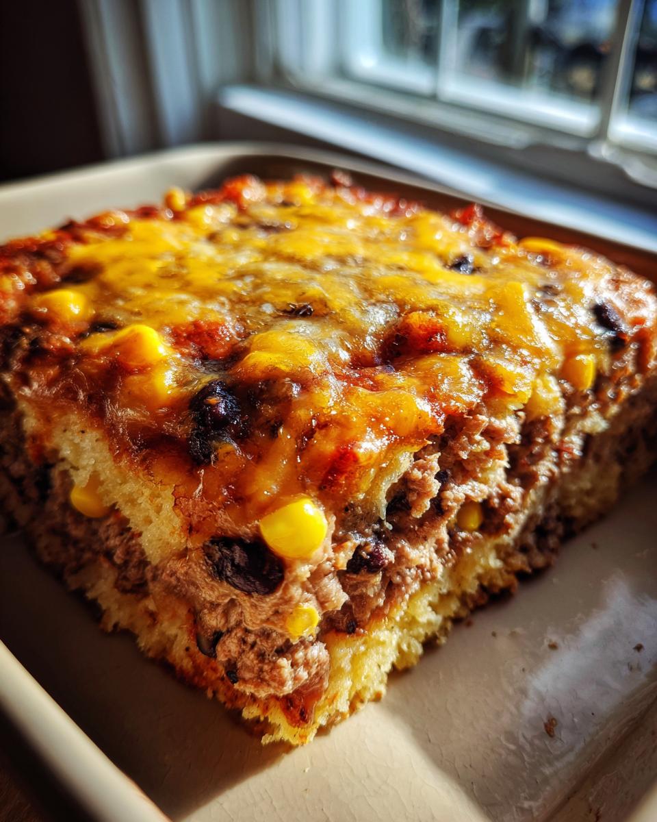 A square slice of baked tamale pie showing a golden cornbread base, savory meat filling, corn kernels, and melted cheddar cheese topping.