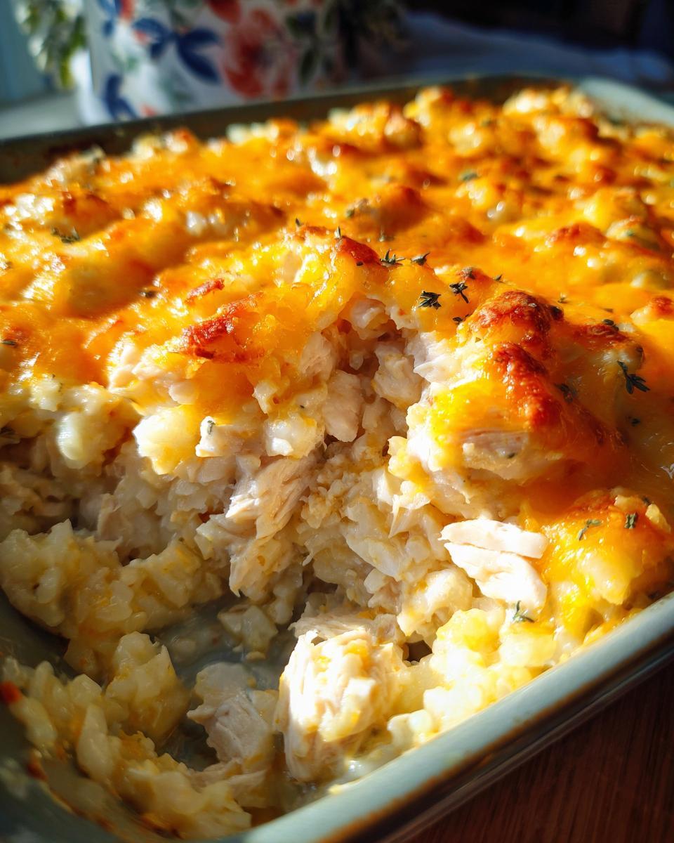 A scoop taken out of a baked chicken cauliflower rice casserole topped with melted, browned cheddar cheese.