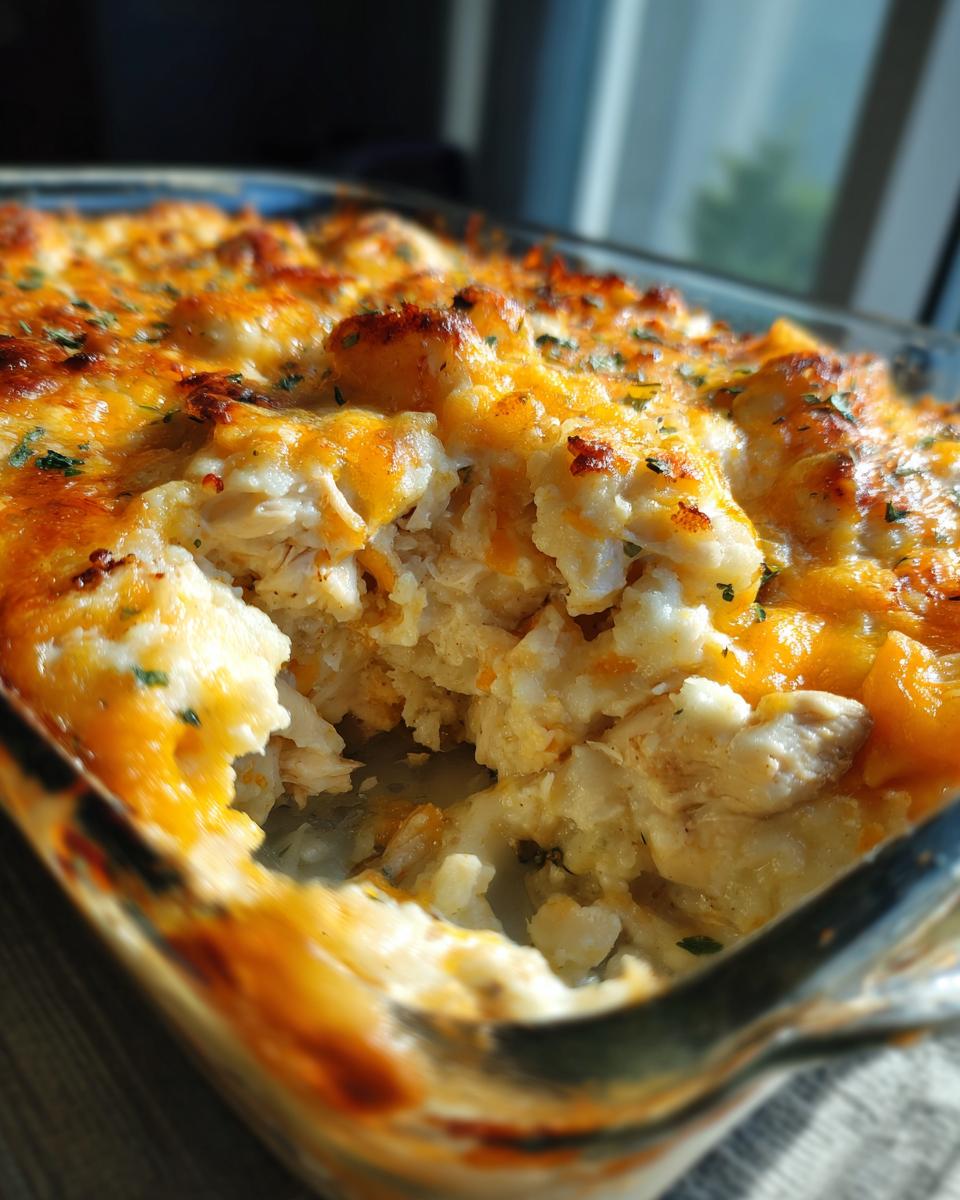Close-up of a scoop taken out of a baked chicken cauliflower rice casserole topped with golden melted cheddar cheese.