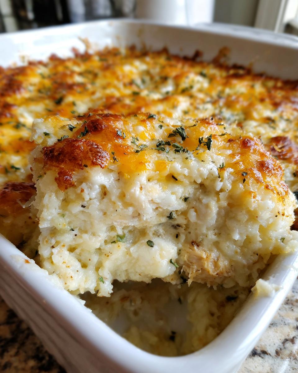 A scoop of cheesy chicken cauliflower rice casserole being lifted from a white baking dish, showing melted cheese topping.