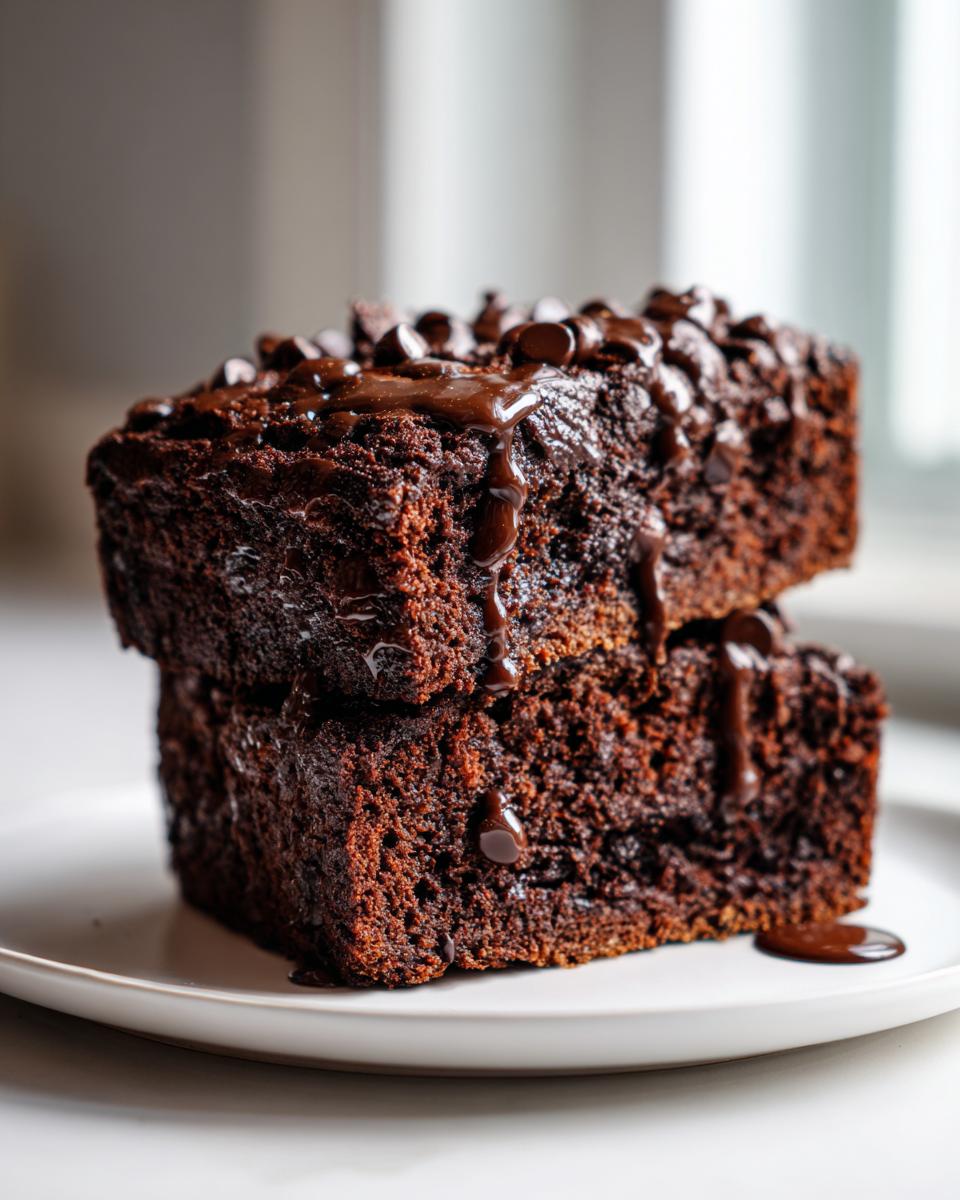Two stacked slices of rich, dark chocolate banana bread topped with chocolate chips and a thick chocolate drizzle.
