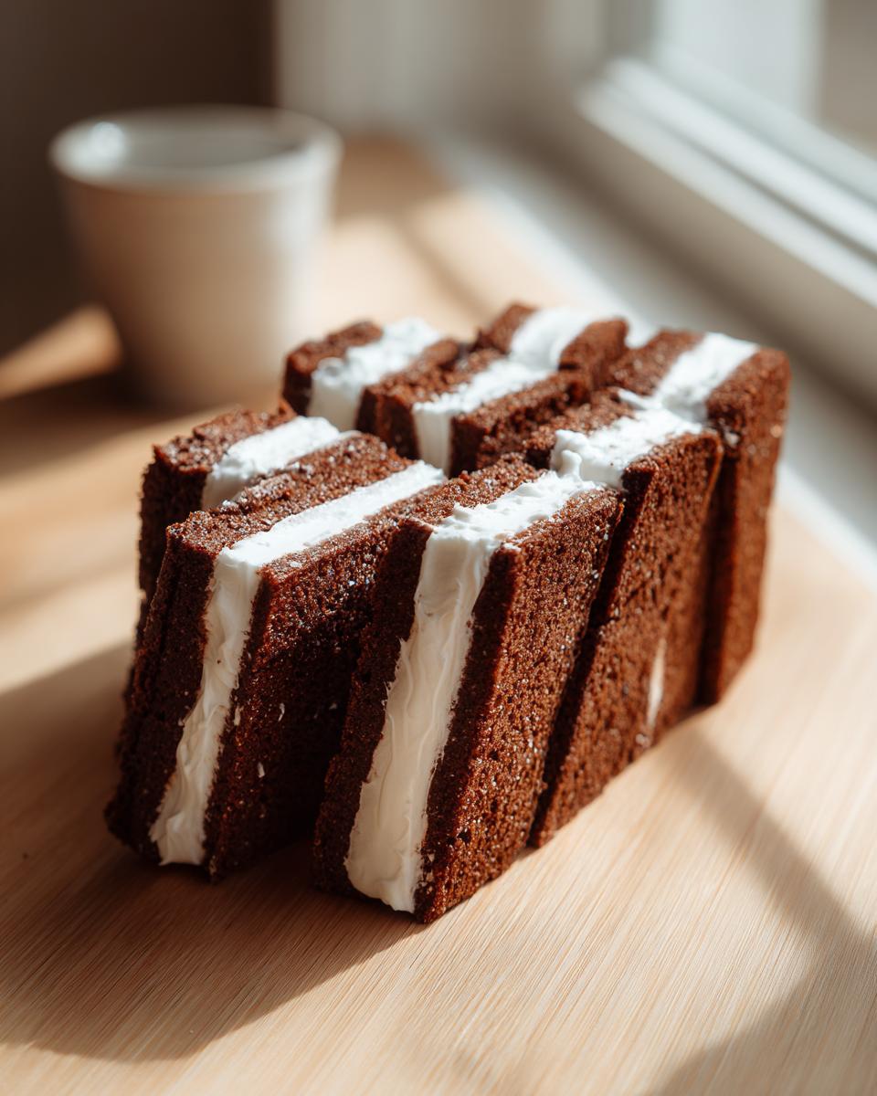 Slices of dark chocolate cake layered with thick white frosting, unrelated to gingerbread house recipe.