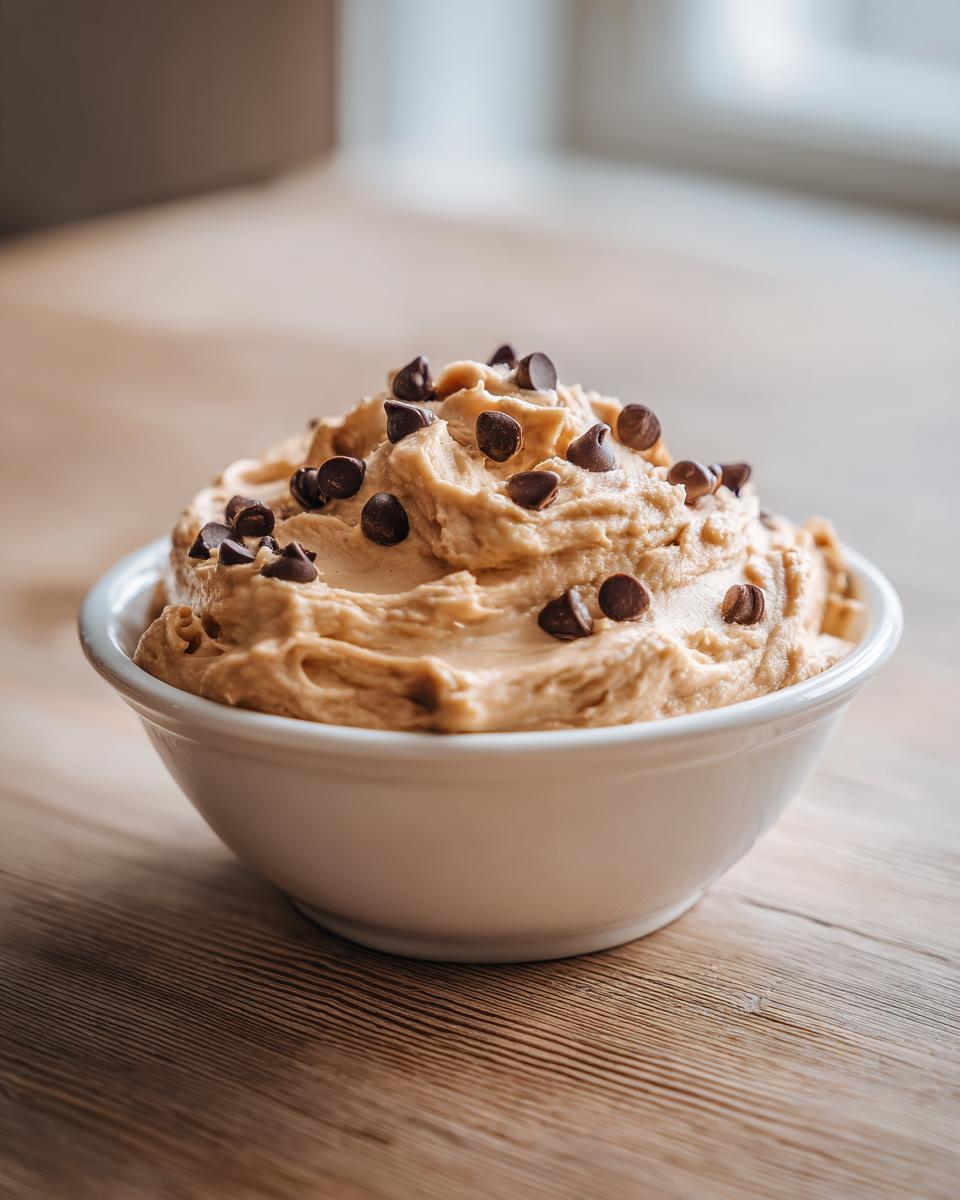 A close-up of creamy, swirled peanut butter dip topped generously with mini chocolate chips in a small white bowl.
