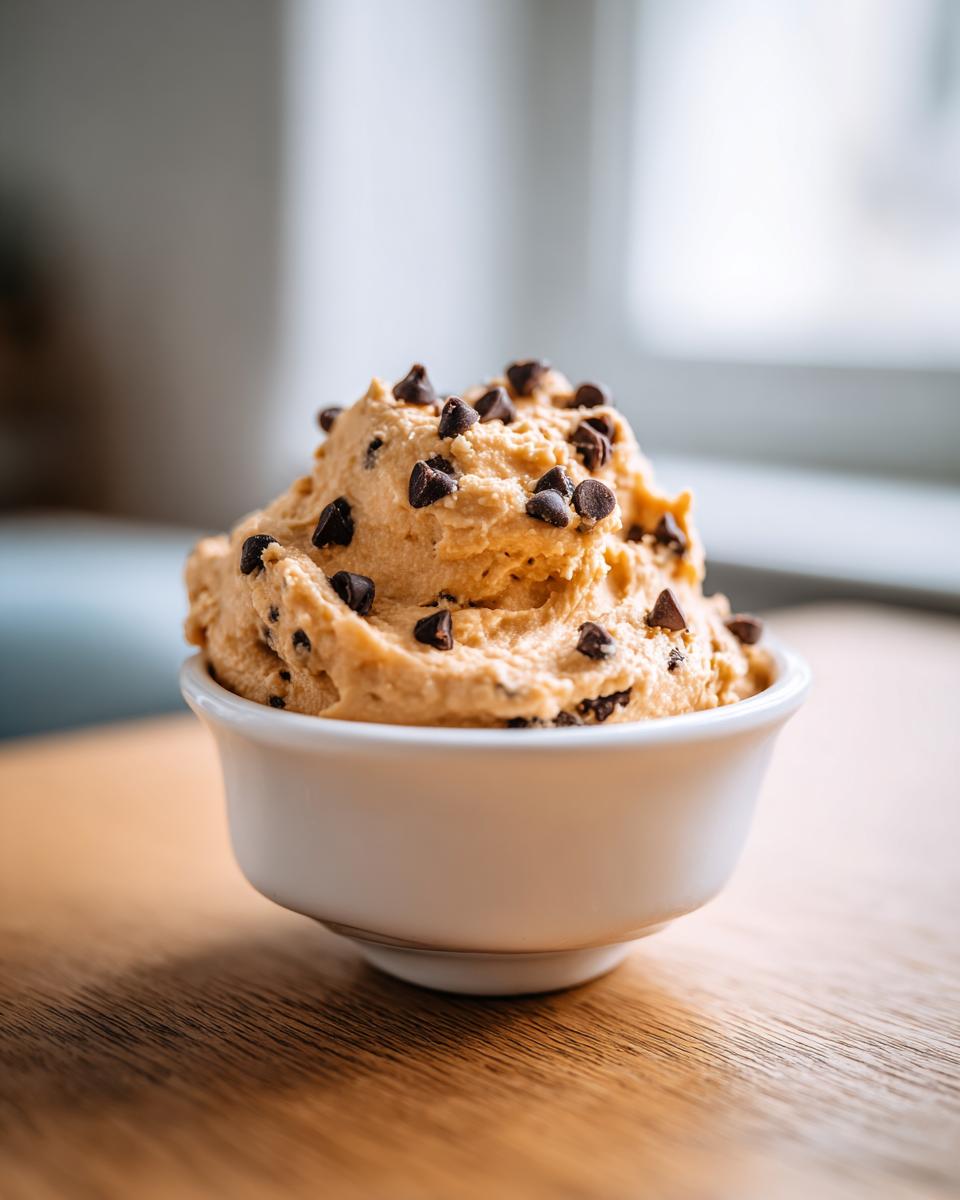 A close-up of a serving of creamy peanut butter dip mixed with chocolate chips, presented in a small white bowl.