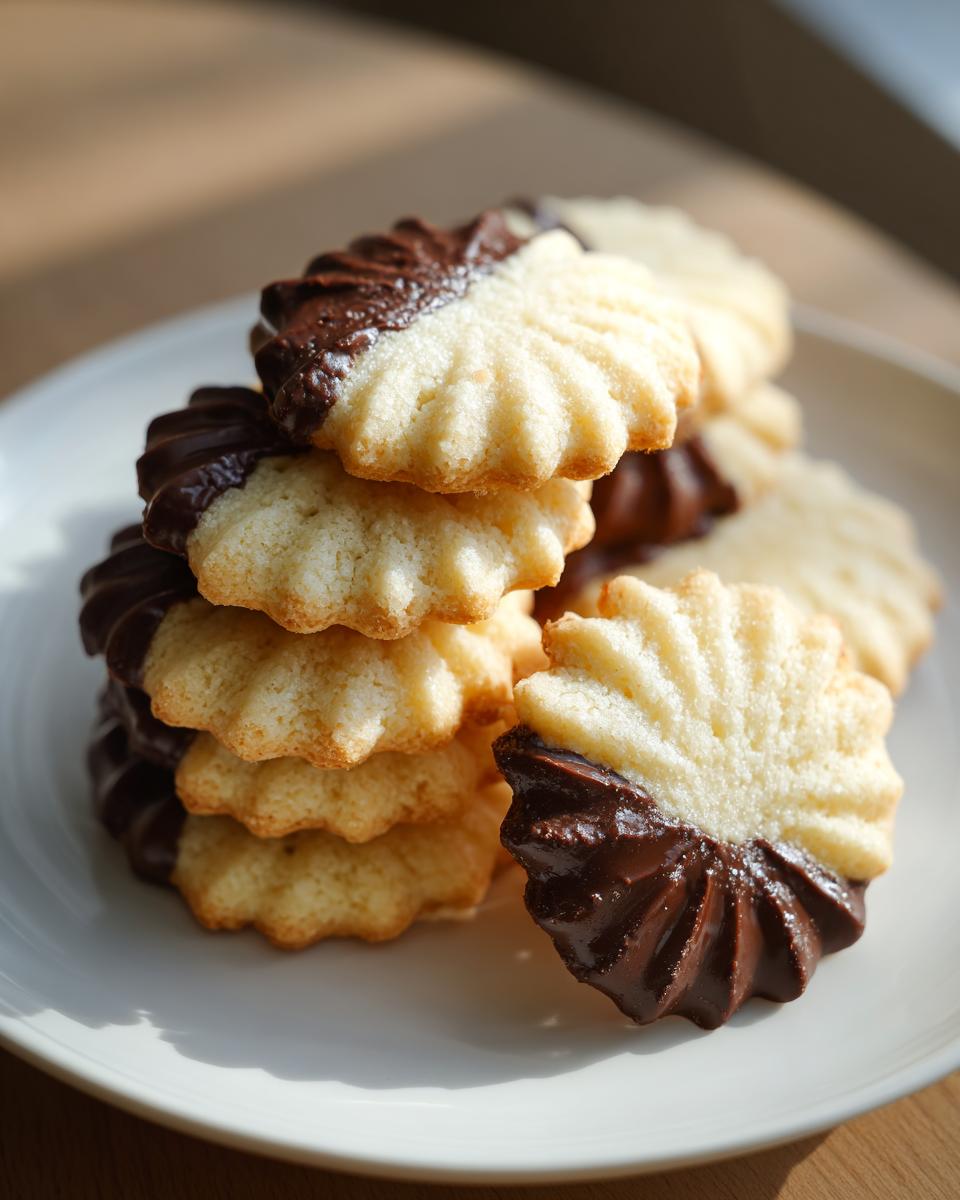 A stack of ridged italian butter cookies, half-dipped in rich dark chocolate, sitting on a white plate.