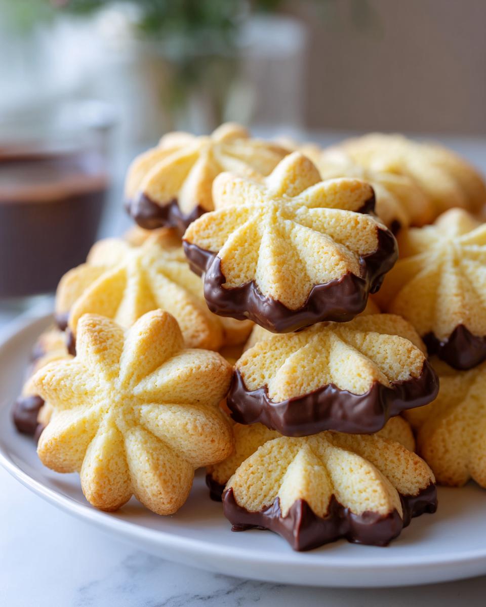 A stack of freshly baked italian butter cookies, shaped like flowers and dipped in dark chocolate, served on a white plate.