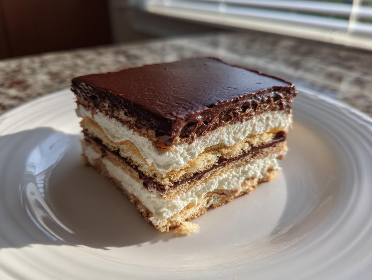 A square slice of layered chocolate eclair cake featuring graham crackers, cream filling, and a rich chocolate topping.