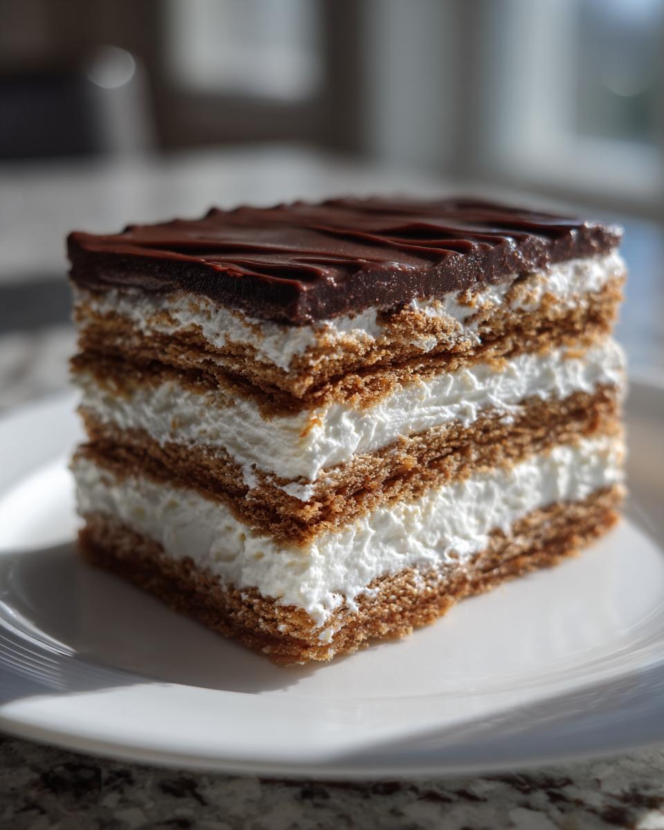 A close-up of a layered slice of chocolate eclair cake with graham cracker layers and white cream filling.