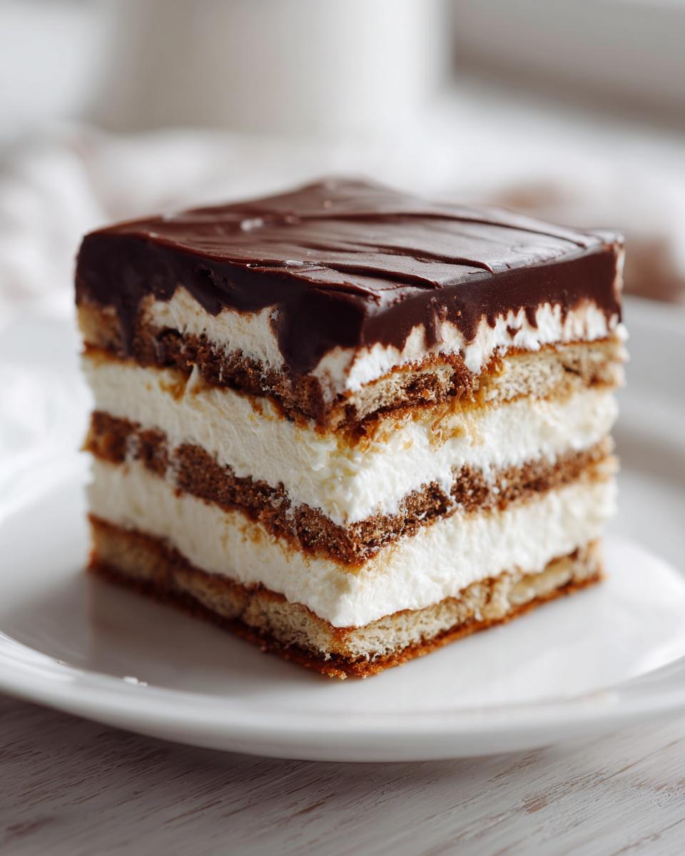 A square slice of chocolate eclair cake showing distinct layers of cream filling and soaked graham crackers, topped with chocolate ganache.