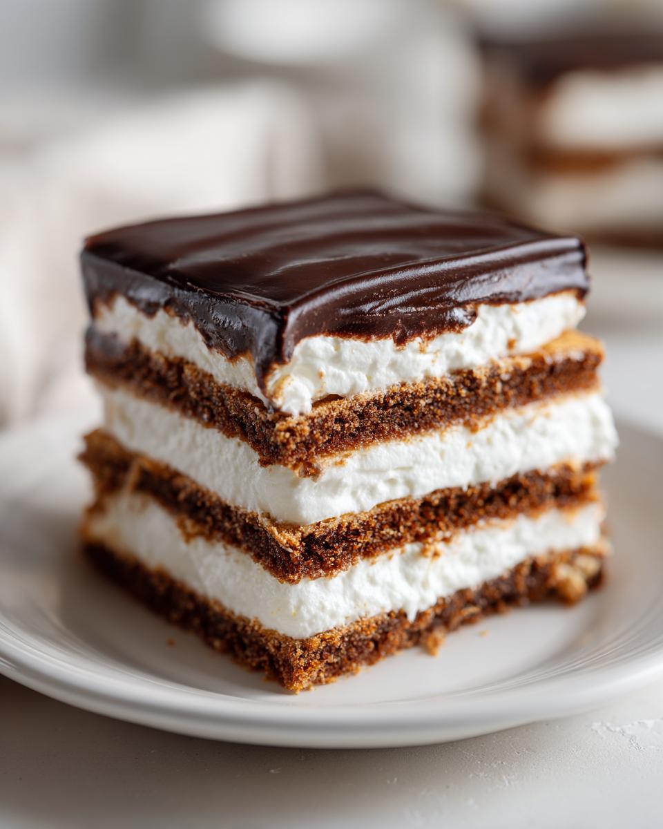 A square slice of chocolate eclair cake showing alternating layers of chocolate crust and white cream filling, topped with ganache.