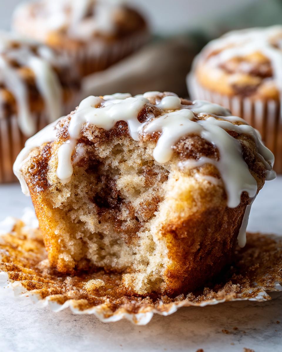 Close-up of a delicious cinnamon roll muffin with a bite taken out, showing the swirl inside and drizzled with white icing.
