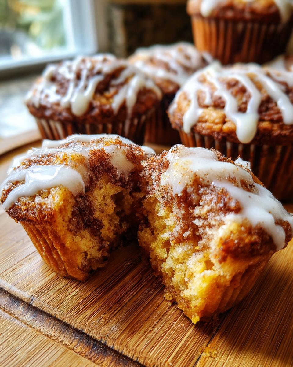 A cinnamon roll muffin cut in half showing the soft interior, drizzled with white icing.