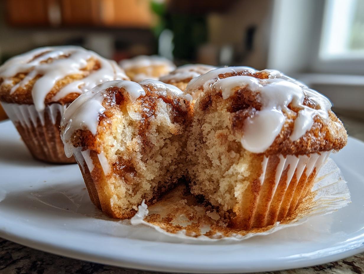 A cinnamon roll muffin, cut in half to show the swirl, drizzled with white icing, served on a white plate.