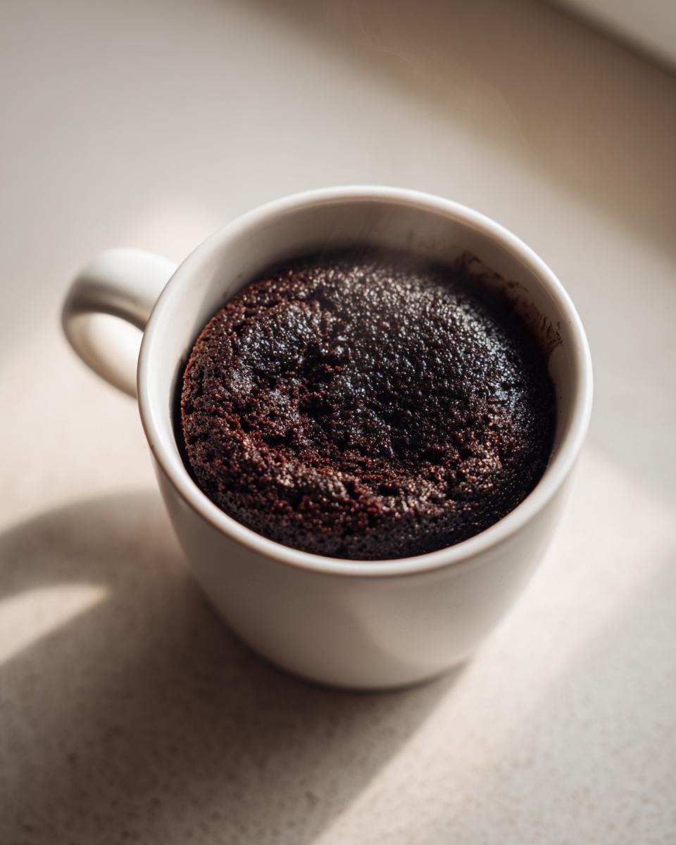 A dark, rich Cottage Cheese Microwave Brownie freshly baked and steaming slightly inside a white ceramic mug.