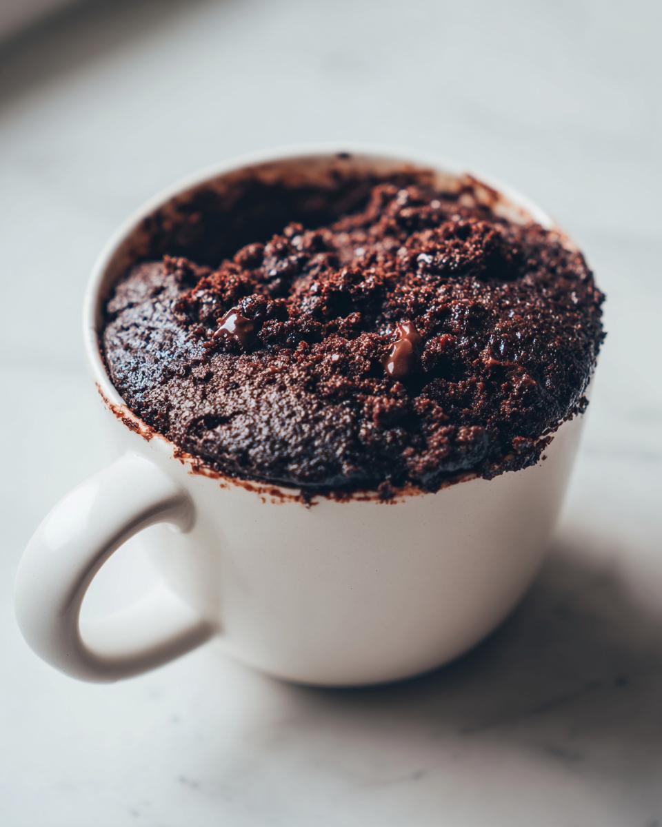 Close-up of a rich, dark chocolate Cottage Cheese Microwave Brownie baked directly in a white mug.