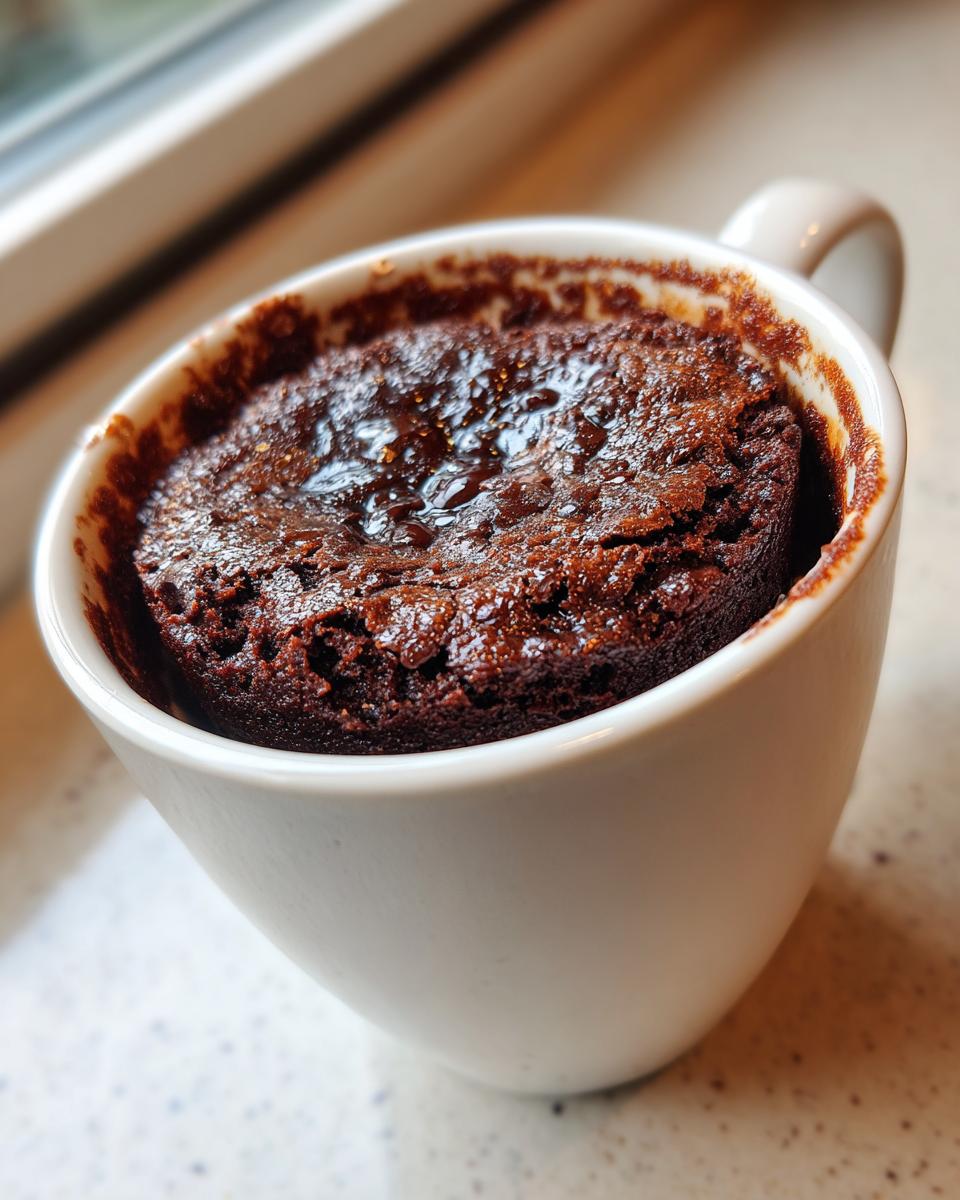 Close-up of a rich, dark chocolate Cottage Cheese Microwave Brownie baked inside a white mug.
