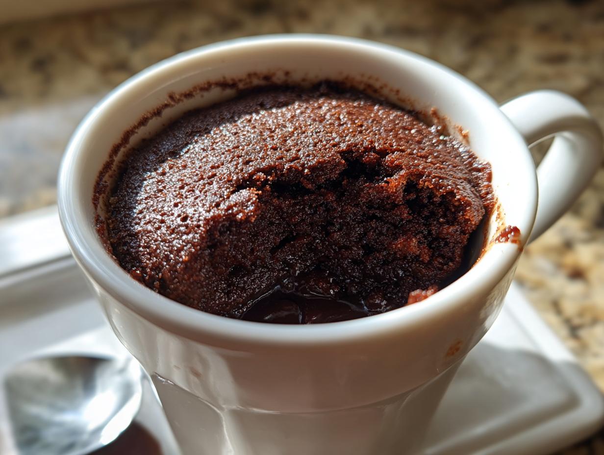 Close-up of a rich, dark chocolate Cottage Cheese Microwave Brownie baked inside a white mug, with a bite taken out.