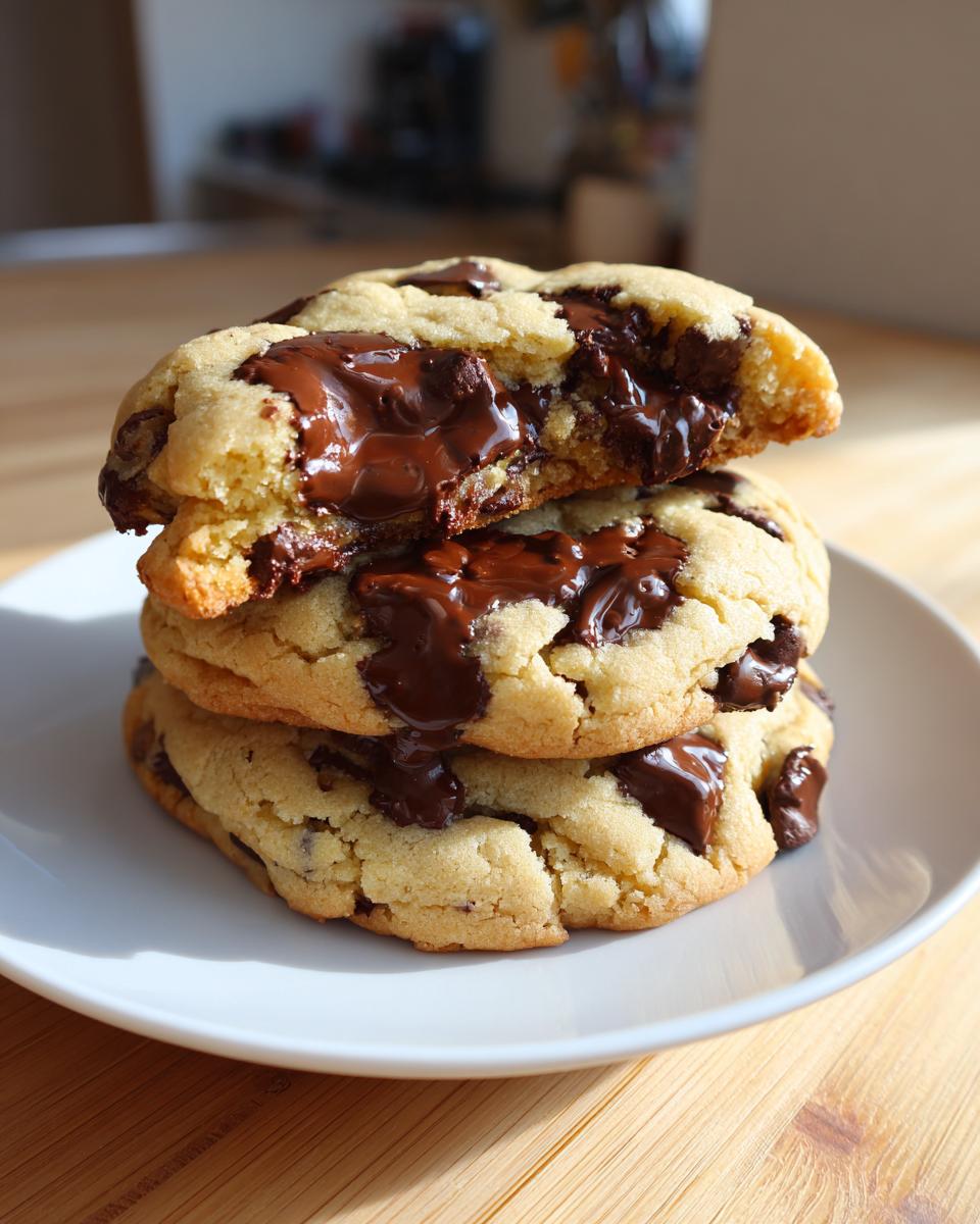 Stack of three soft cream cheese chocolate chip cookies with gooey, melted chocolate oozing out.