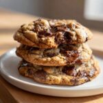 A tempting stack of three gooey cream cheese chocolate chip cookies with melted chocolate chunks.